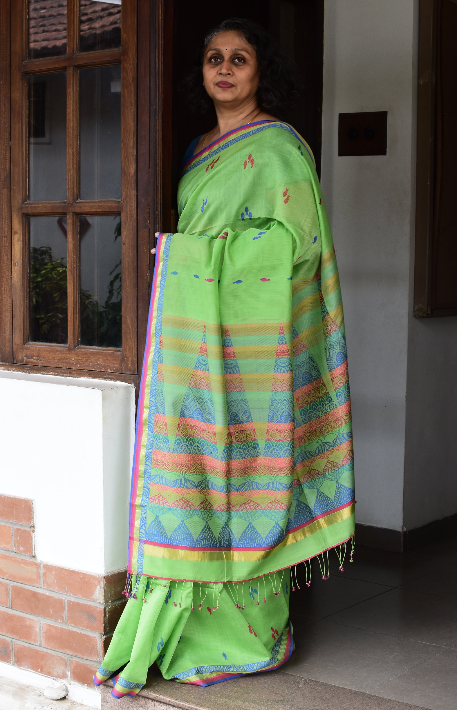 Parrot Green, Handwoven Organic Cotton, Textured Weave , Jacquard, Work Wear, Butta Saree
